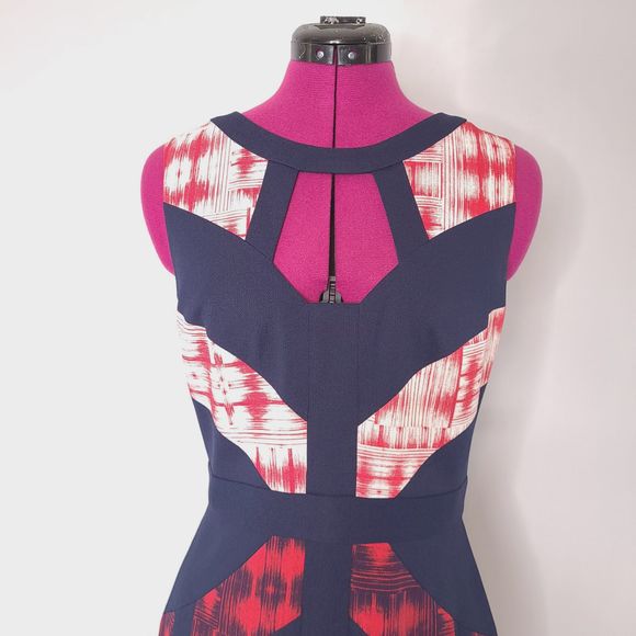 BCBGMaxazria Averie Ikat Red Blue Sheath Dress - Picture 3 of 9